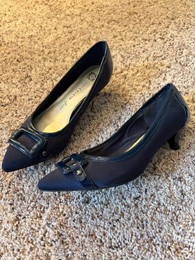 Anne Klein Navy Low Heel Pumps with Satin Buckle